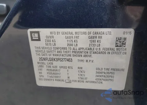 2015 Chevrolet Equinox 2Lt из США, поврежденный, VIN 2GNFLGEK3F6277463